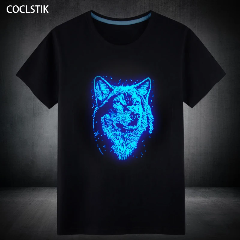 

100% Cotton Mens Summer Short Sleeve Wolf T Shirt Fluorescent T-shirt In Night Personality Anime Tshirt Male Casual Tops S-5XL