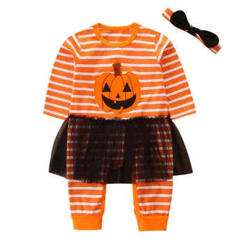 

2020 Spring Halloween Newborn Baby Clothes Children's Pumpkin Print Jumpsuit Infant Girls Striped Mesh Edge Outfit Sunsuit #LR5