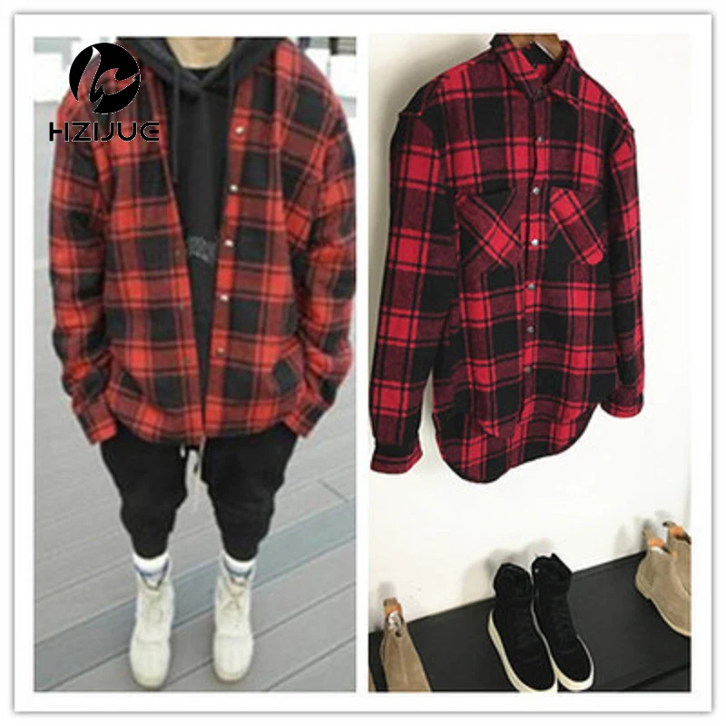 

HZIJUE Autumn winter thick Flannel long sleeve Plaid shirt men and women circarc oversize sweep plaid low-high Shirt Man US SIZE