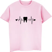 Забавный зуб зубы стоматолог сердцебиение футболку Для мужчин хлопок короткий рукав Футболка Хип-хоп Футболки-топы Harajuku уличная Фитнес