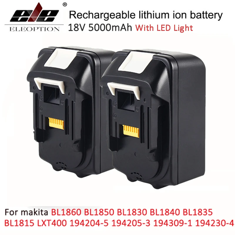 

ELE ELEOPTION 2PCS 18V 5000mAh with LED Indicator Li-ion Replacement Battery for Makita BL1850 BL1830 BL1840 194205-3 Battery