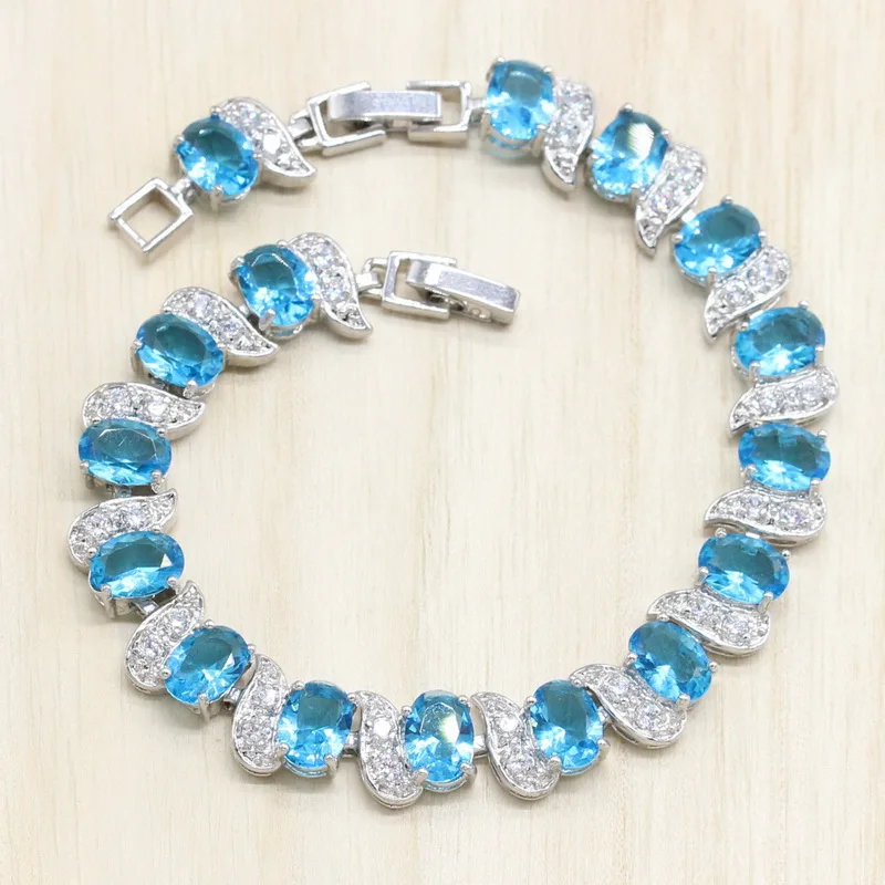 Небесно-голубые камни 925 серебряные ювелирные наборы для женщин круглая подвеска обручальные кольца серьги браслеты ювелирные изделия подарочная коробка