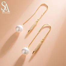 SA SILVERAGE Drop Women Jewelry S925 Gold Plated Long Eardrop Pearl S925 Sterling Silver Earrings Feminine Tassel Long Earrings products new mammoth teeth women s fashion aristocratic temperament female gold plated with a hoard of s925 eardrop