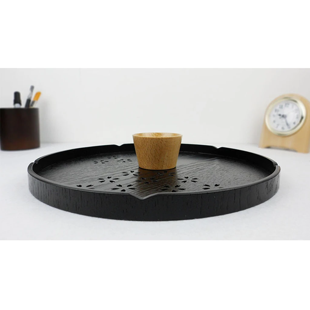6 Types Serving Tray Wooden Tray Japanese Style Tea Home Hotel Guest Room Dish Round Wood Trays with Hollowed-out Cherry Blossom
