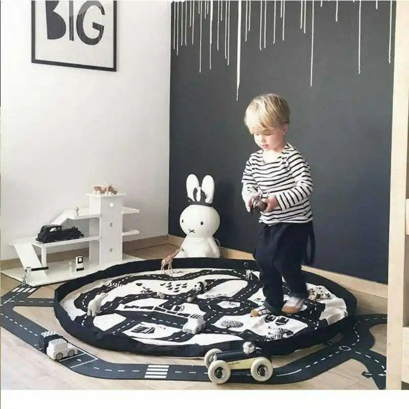 135cm 2in1 Rode Rug Kids Play Mat & Toy Storage Bag Baby Soft Graffiti Play Pad Toys Infant Highway Carpet Playmats For Children