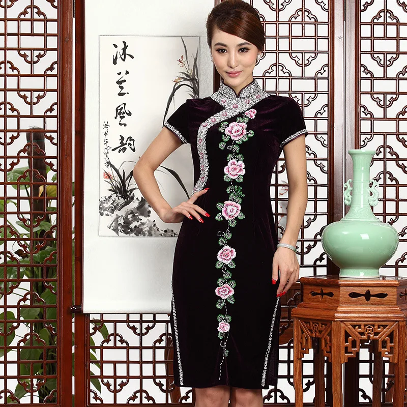 Роскошное ручное вышитое бисером бархатное платье для мамы Cheongsam голубое китайское традиционное длинное Qipao женское Qi Pao восточное платье