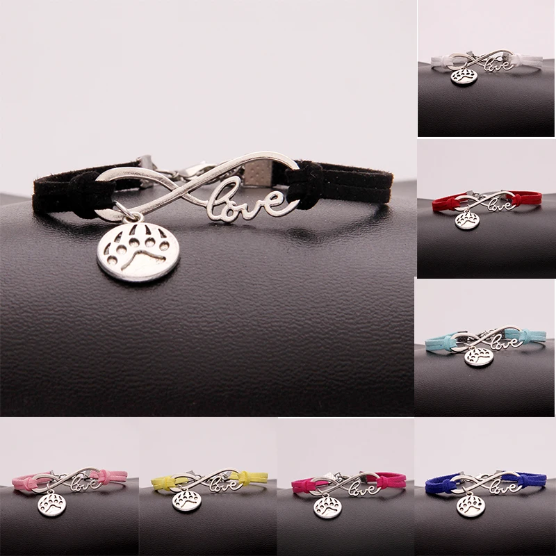 (10Pcs/Lot) Infinity Love Animal Paw Print Round Charm Bracelet &amp Bangles Wrap Rope Braided Jewelry For animal lovers 13colors |