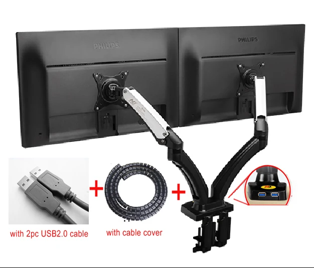 NB F180 27 дюймов воздушный пресс газовая стойка двойной экран ЖК-телевизор кронштейн duable usb кронштейн на руку 360 Поворот полный движения настольная поддержка - Цвет: with cable cover