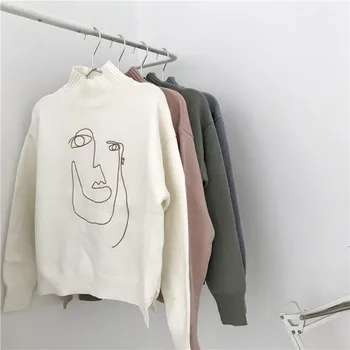 

Character Embroidered Sweater Woman High Collar Long Sleeve Knit Wool Pullover Spring and Autumn 2019