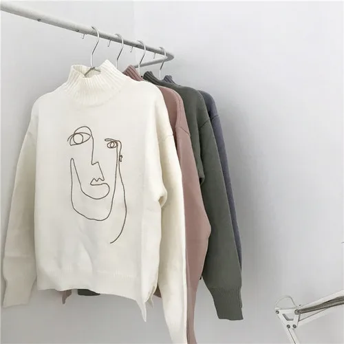 US $16.35 Character Embroidered Sweater Woman High Collar Long Sleeve Knit Wool Pullover Spring and Autumn 20