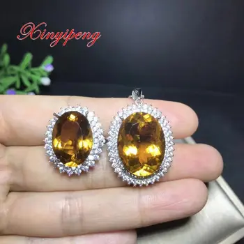 شراءشين يي بنغ 925 الفضة مطلي الذهب مطعمة الطبيعية سيترين قلادة عصابة قلادة طقم مجوهرات النساء دعوى هدية للذكرى السنوية