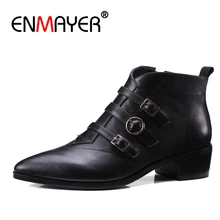 ENMAYER Short boot Genuine Leather Celebrity Autumn Brand Black Med Heel Pointed Toe Women Ankle Boots Shoes Booties Metal CR444 ENMAYER Short boot Genuine Leather Celebrity Autumn Brand Black Med Heel Pointed Toe Women Ankle Boots Shoes Booties Metal CR444