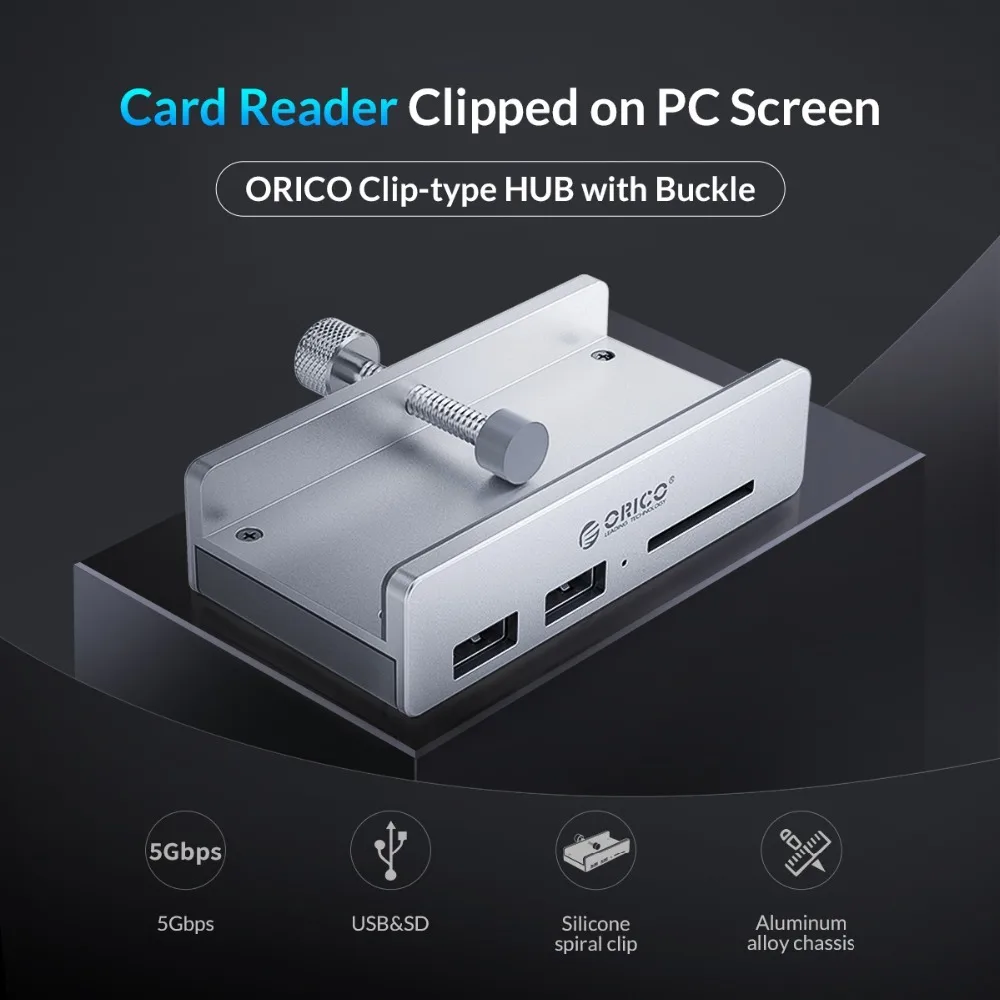 ORICO зажим дизайн мульти Usb 3,0 концентратор с кардридером алюминиевый сплав Клип-тип 3 порта Высокоскоростной разветвитель концентратор для настольного ноутбука