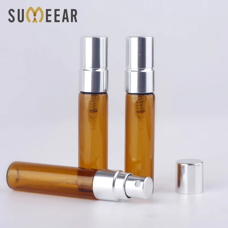 

100Pcs/Lot Trial Pack 5ml SPRAY BOTTLE Amber Refillable Parfum Bottle SILVER Spray Bottle Atomizer Brown Cosmetic Container Case