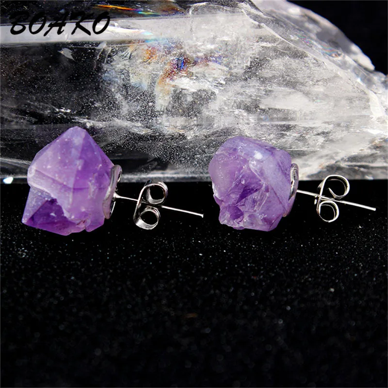 

BOAKO Womens Natural Stone Stud Earrings in Jewelry Irregular Purple Amethysts Quartz Piercing Earrings boucle d'oreille femme