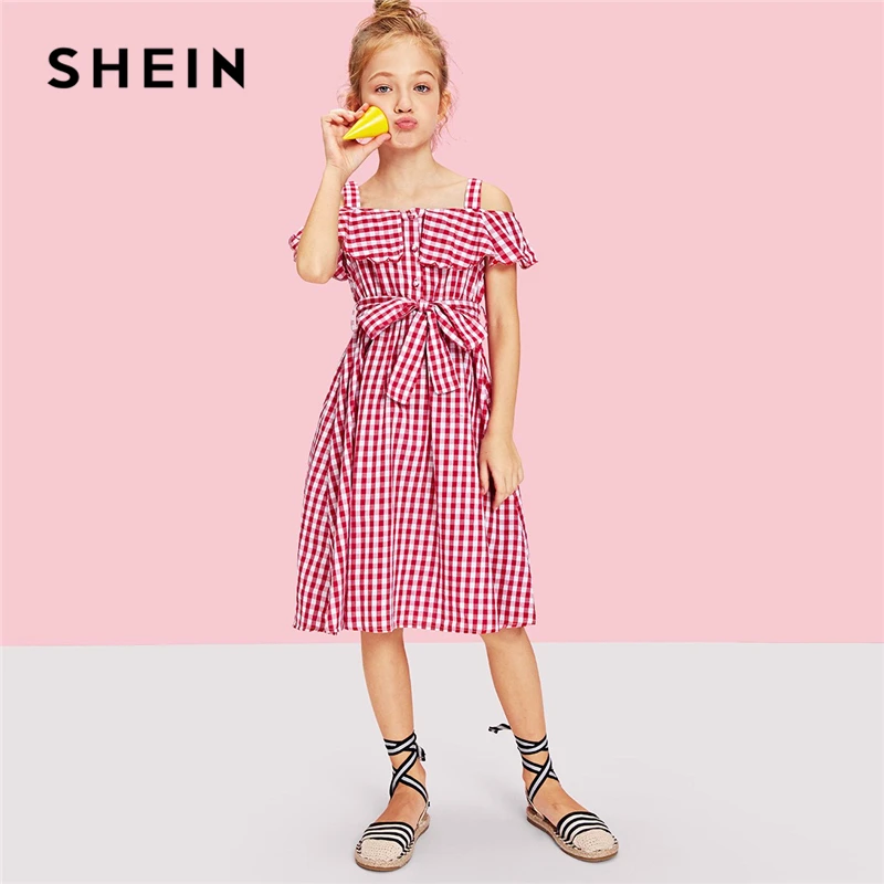 SHEIN Burgundy Girls Flounce Cold Shoulder Gingham Dress With Belt Girls Clothing 2019 Spring Ruffle Flared A Line Girls Dresses цена SHEIN Burgundy Girls Flounce Cold Shoulder Gingham Dress With Belt Girls Clothing 2019 Spring Ruffle Flared A Line Girls Dresses цены онлайн