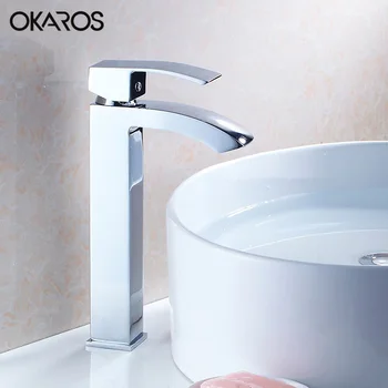 

OKAROS Bathroom Basin Faucet Heighten Solid Brass Chrome Black Baked Single Handle Vessel Sink Hot And Cold Water Tap Mixer