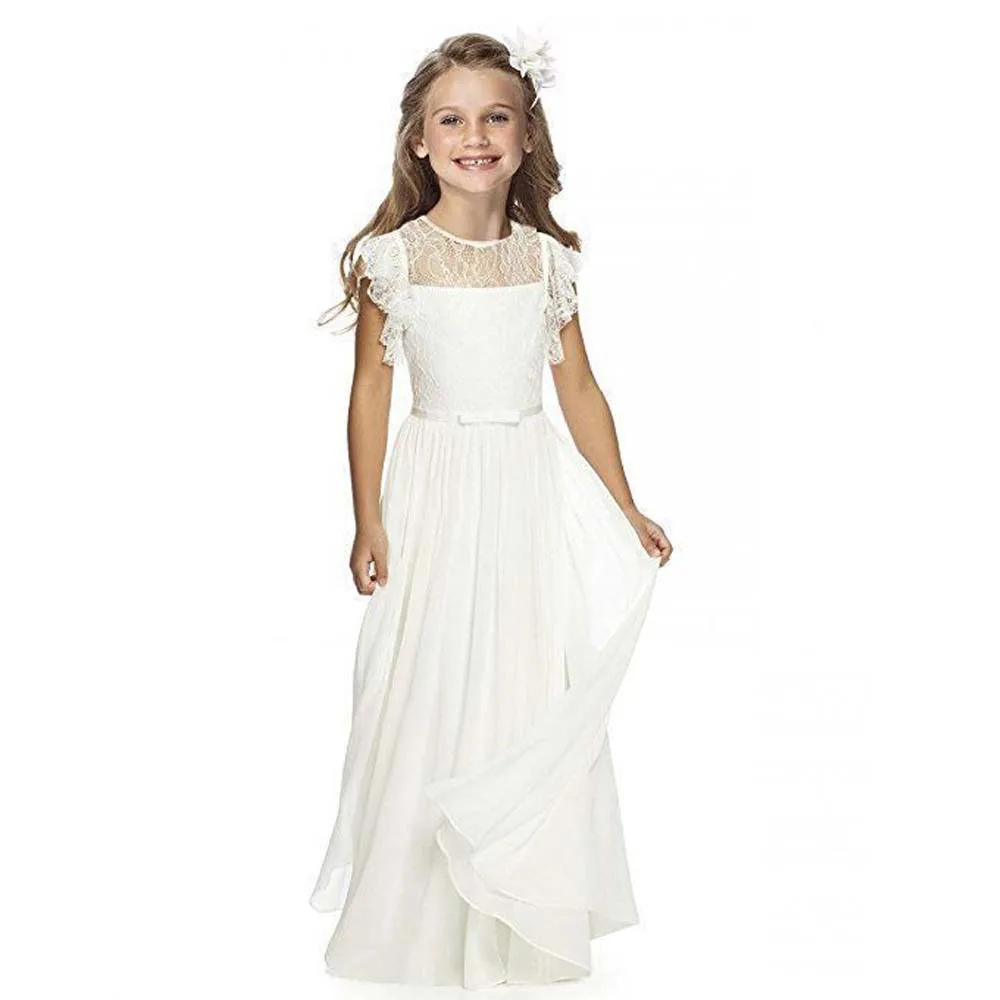 White Chiffon Flower Girl Dress For Weddings Lace Cap Sleeves Customized A-Line Princess Dress Cheap Price New Arrivals Longo