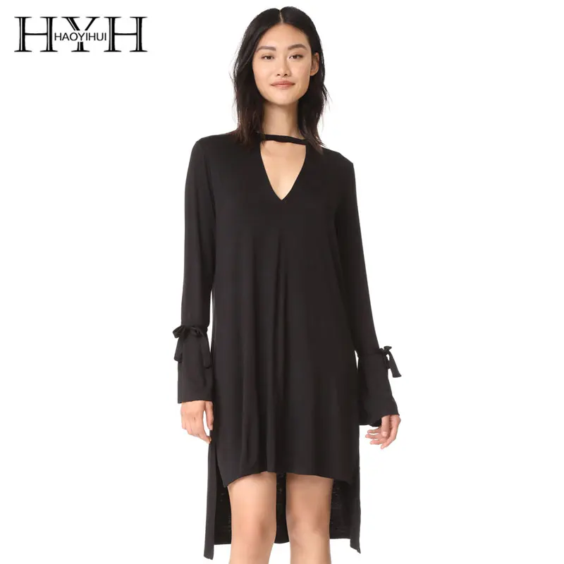 Vestido de mujer HYH HAOYIHUI con cuello en V de manga larga con encaje para mujer moda femenina vestido Casual sólido negro alto hueco fuera - 1