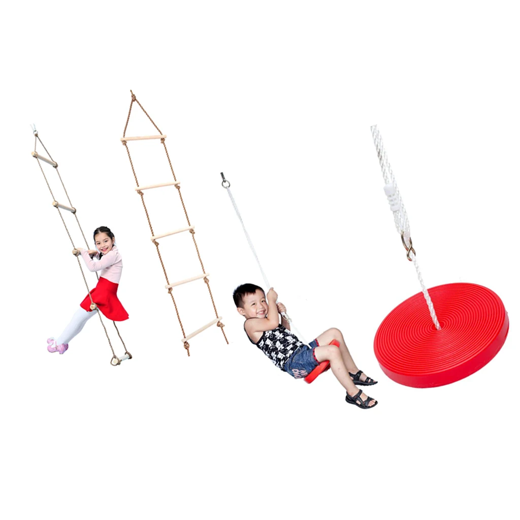 5.7 Feet Playground Climbing Rope Ladder + Disc Swing Seat (Red) for Kids Indoor/Outdoor