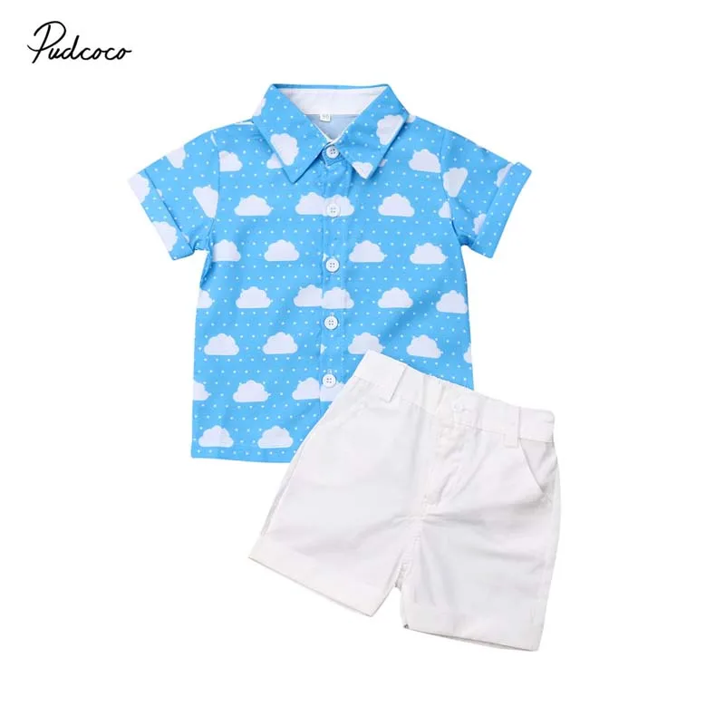 

2019 Brand 2pcs Toddler Kids Boys Girls Summer Clothes Cloud Print Shirt Tops+Shorts Pants Outfit Set Casual Boy Gentleman 2Pcs