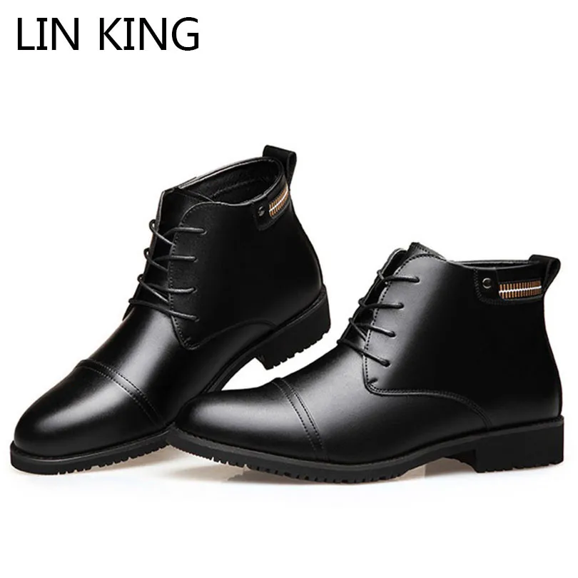 

LIN KING 2018 New Pu Leather Men Warm Boots Vintage Black Lace Up Winter Short Boots Round Toe Rome Man Work Safety Botas