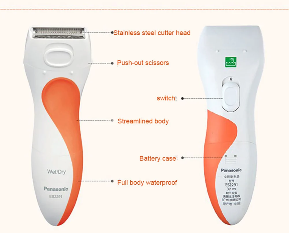 Panasonic женский эпилятор ES2291 для мытья тела, влажной и сухой женский эпилятор, Женская бритва, триммер для ног, бикини, для использования с сухой батареей