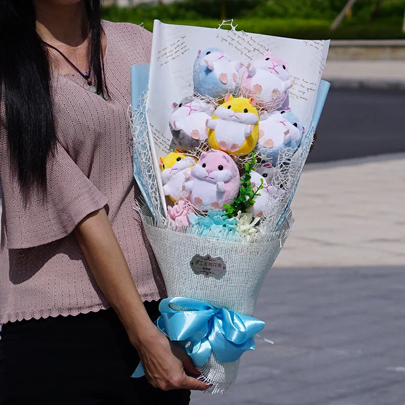 Lovely Stuffed Animal Plush Hamster Doll Toy Bouquet Box Soap Flower