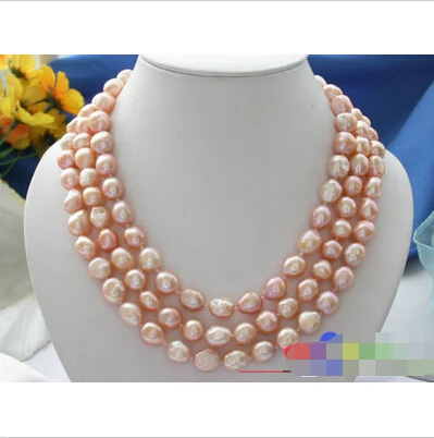 

3ROW 13MM PINK BAROQUE FRESHWATER PEARL NECKLACE 925SC P2079 ^^^@^Noble style Natural Fine jewe FREE SHIPPING
