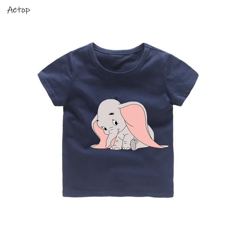 Футболка с забавным рисунком слона Дамбо, детские летние топы с круглым вырезом, футболка для маленьких девочек, повседневная детская одежда