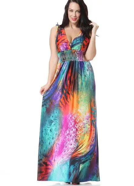 

2016Fashion Women's Bohemian Dresses Hawaii Party Holiday Style Beach Long Dress Ankle Length Print Maxi Plus Size 7XL Dress