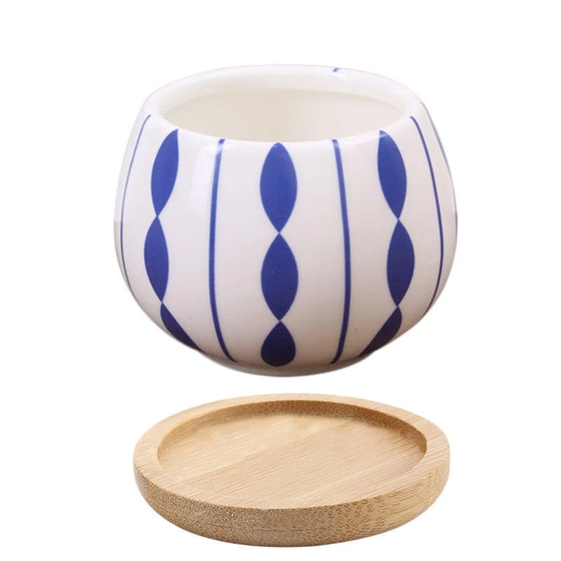 

Garden Decoration Succulent Blue And White Porcelain Potted Cactus Vase Round Plant Pot With Bamboo Tray
