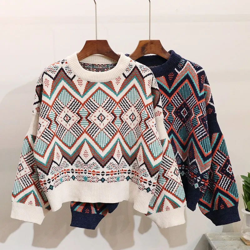 

Autumn Winter Women Sweater Bohemian Striped Knitted Pullovers And Sweater Fashion Casual Sweaters Pull Femme Jumper