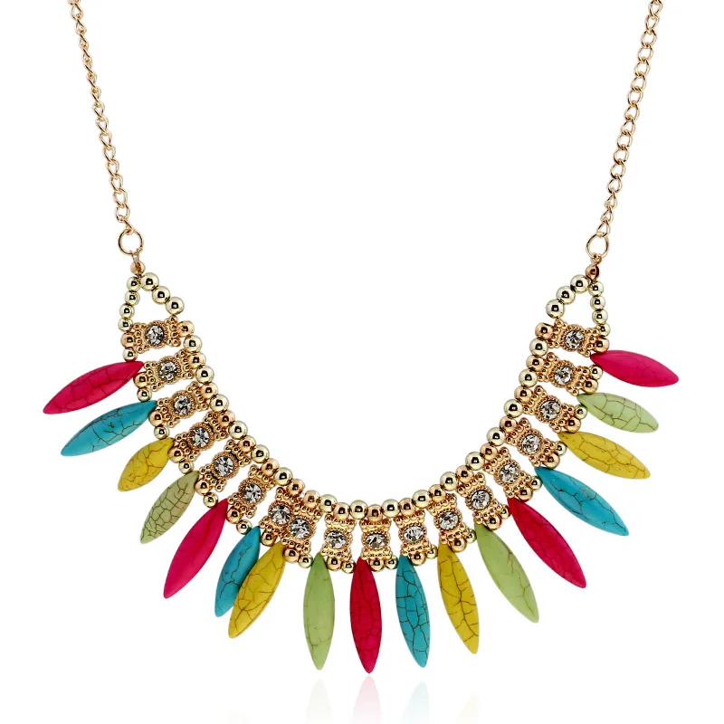 Fashion Resin Tassel Pendant Necklace Bohemian Multilayer Rhinestone maxi Colar Statement