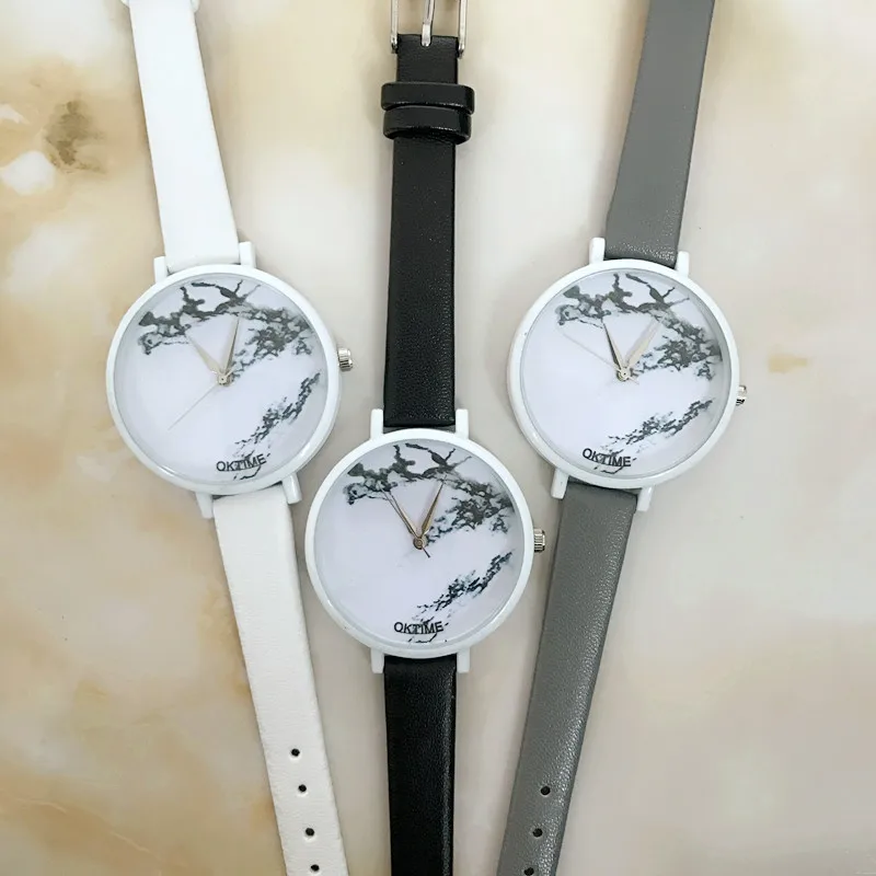 

New Brand Black Case Marble Watch Laides Women Wrist Watch Slim Leather Band Watch Students Gift Watch