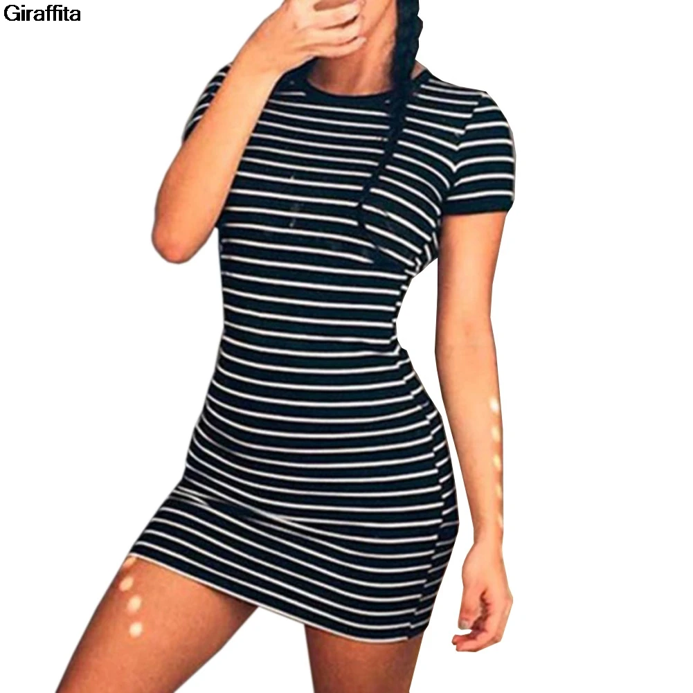 2019 Summer Round Neck Striped Short sleeved Dress Black And White ...