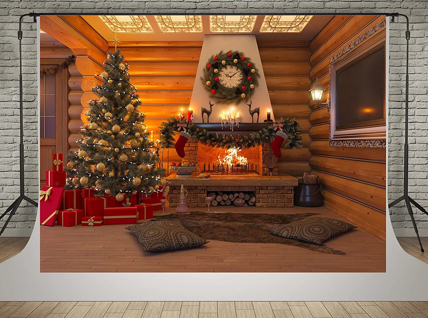 3D New year decorated tree fireplace Wood room Gift clock