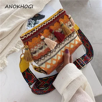 

Bohemia Style Bucket Square Crossbody Bags Tassels Totems Ladies Colorful Shoulder Bag Weaving Handbag B366