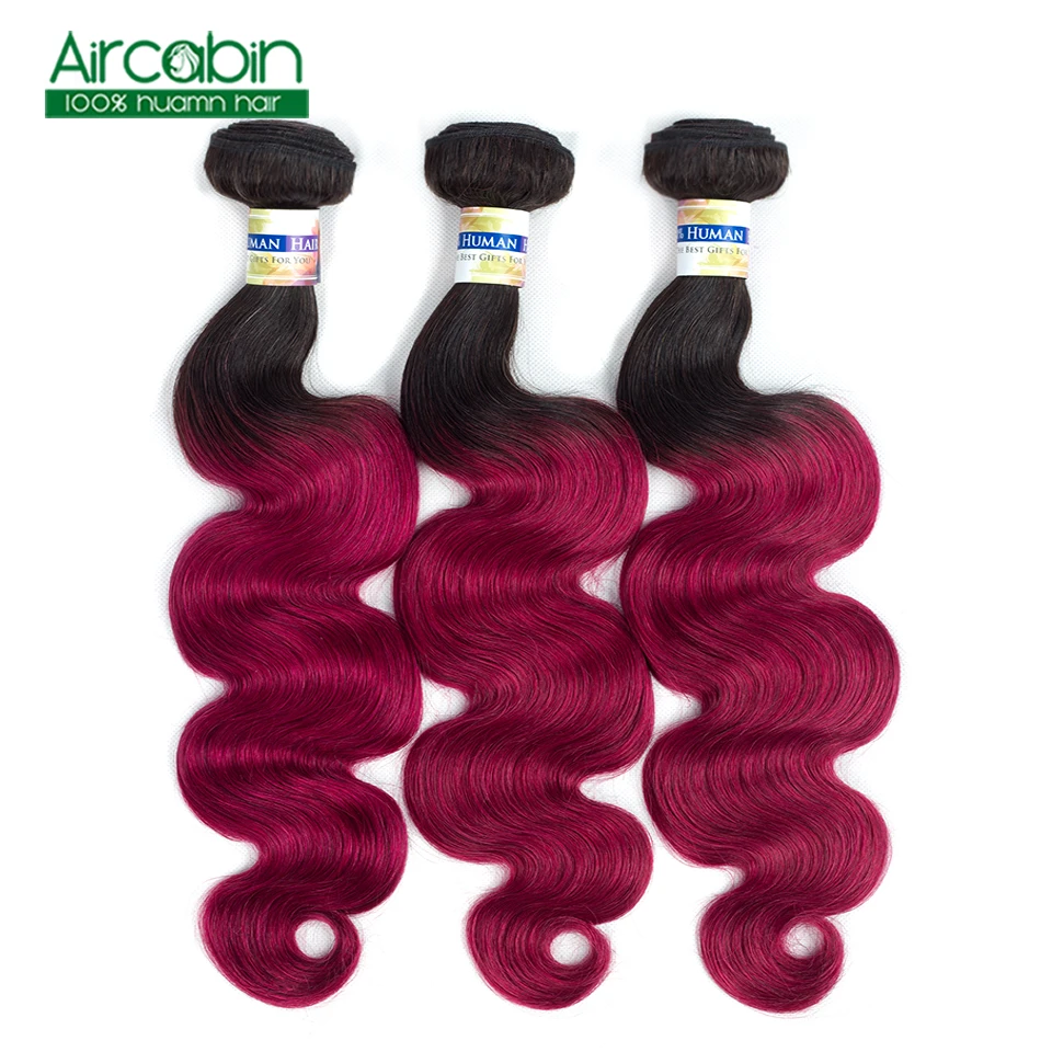 

Pre-colored 3 Bundles Ombre Brazilian Body Wave Hair T1B Burgundy Bundles Aircabin Non Remy Human Hair Weave Bundles