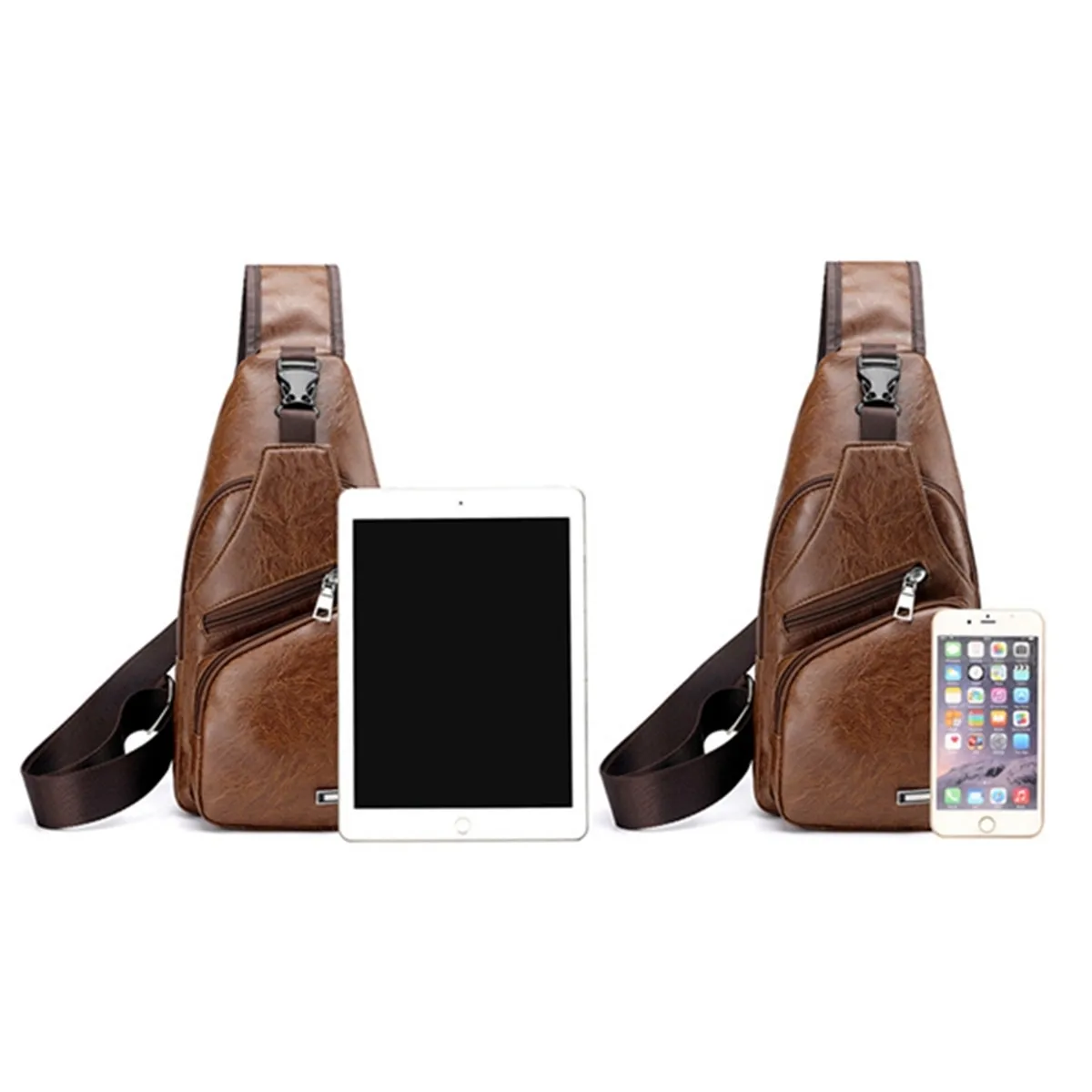  New Men's Chest Bag USB Charging Crossbody Bags PU Leather Shoulder Bag Diagonal Package Back Pack  - 33041395489