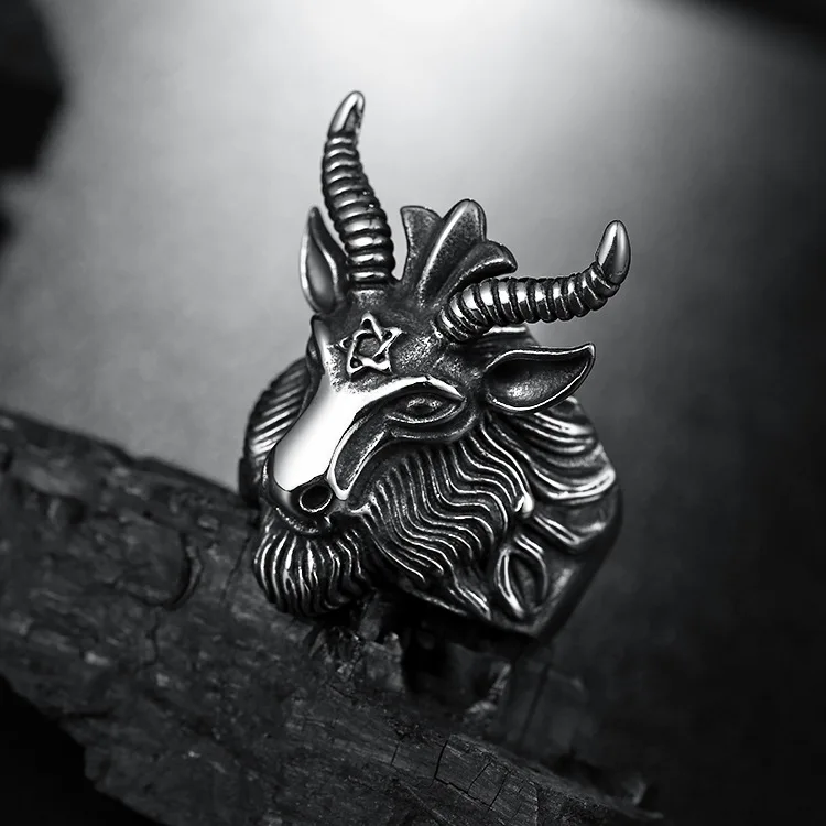 Fashion Big Sheep Goat Horn Head Ring Satan Worship Baphomet Aries Zodiac Wicca Star For Men Unique Biker Punk Animal Jewelry