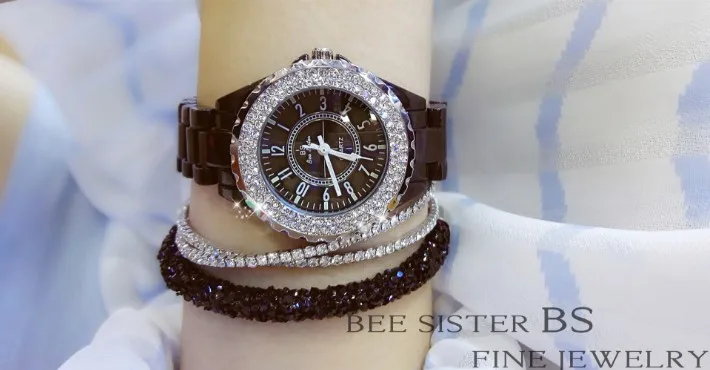 Goede Vrouwen Strass Horloges Dame Diamant Steen Jurk Horloge Zwart Wit Keramische Grote Wijzerplaat Armband Horloge dames Kristal Horloge