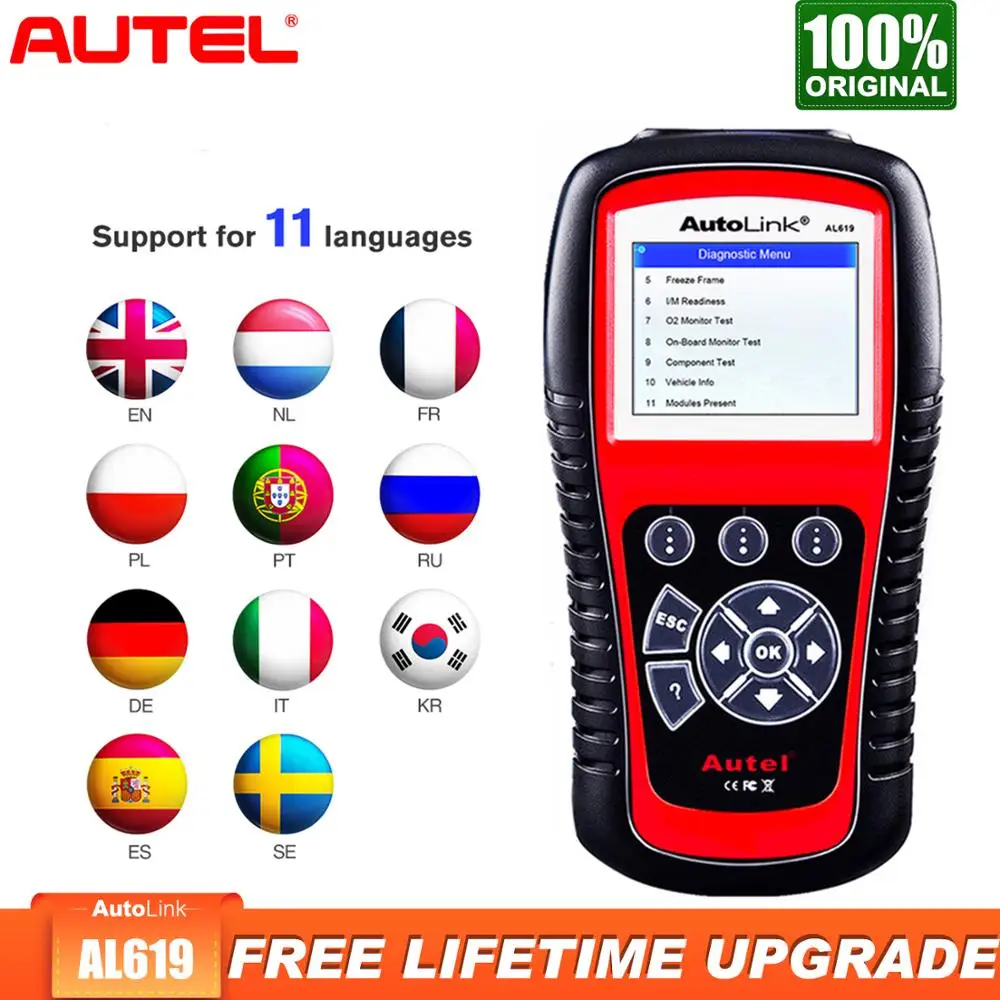 Автомобильный диагностический сканер Autel AL619 OBD2 считыватель кодов двигателя ABS SRS