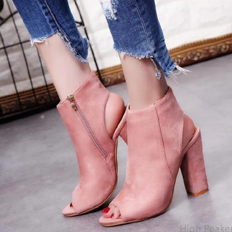 HEE GRAND/Новинка года; женские модные ботинки; обувь с открытым носком на молнии; ботильоны из флока на высоком каблуке; mujer; XWX7150 - Цвет: pink