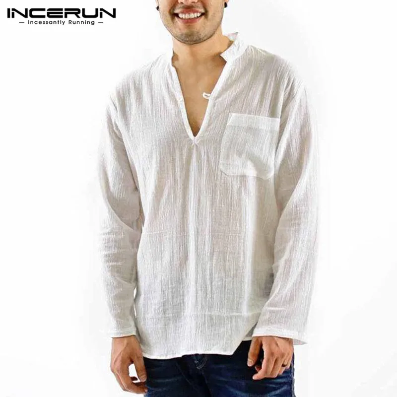 Пляжные мужские рубашки из хлопка и льна повседневные облегающие нагрудные карманы воротник Мандарин белые футболки топы Осенняя рубашка блузка сорочка - Цвет: White