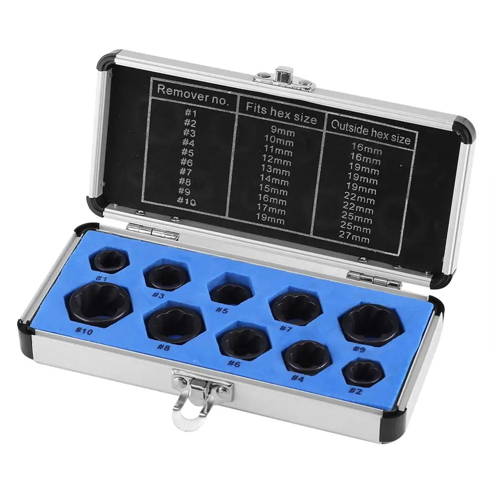 

10Pcs Damaged Bolt Nut Screw Remover Extractor Removal Set Nut Removal Socket Tool Threading Hand Tools Kit With Box Hot Sale