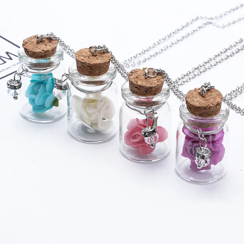 

Women Fluorescent Glass Bottle Chain Choker Necklace Gift Jewelry Romantic Luminous Glow In Dark Rose Flower Pendant Necklace