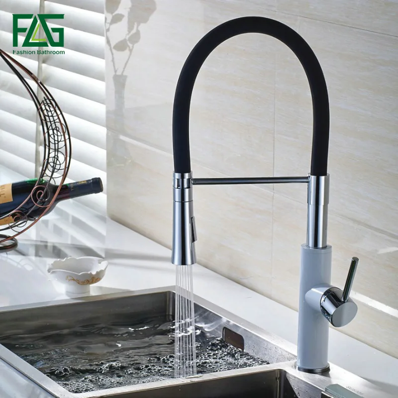 

FLG English Style Kitchen Faucet White & Chrome All Around Rotate Swivel 2-Function Water Outlet Pull Out Sink Mixer Tap C043