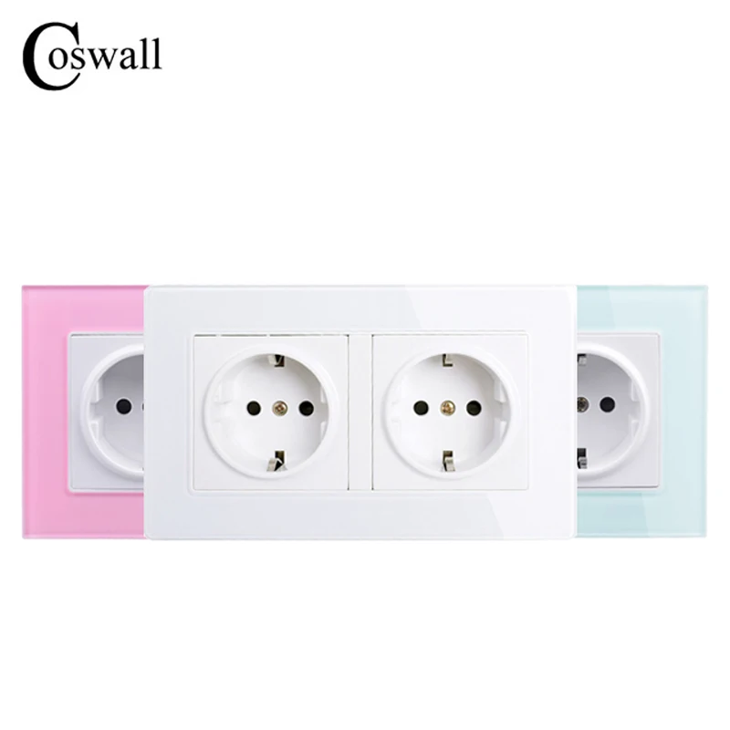 

Coswall 16A Double EU Russia Spain Wall Socket Colorful Green Pink Crystal Glass Panel Power Outlet Plug Grounded 146mm * 86mm