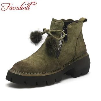 

FACNDINLL 2018 autumn new fashion genuine leather women ankle boots shoes high heels round toe shoes woman casual riding boots